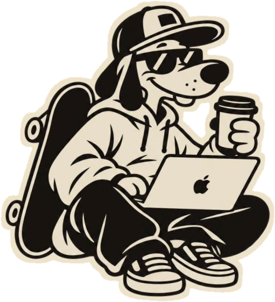 Brewdog, el personaje del estudio, con su skate, una laptop y un café